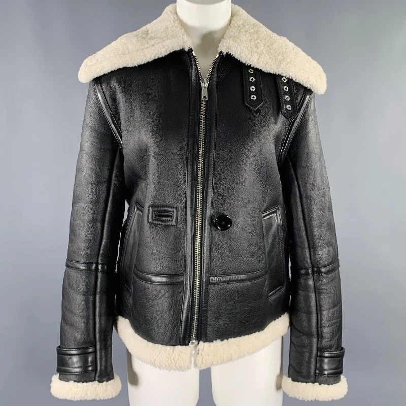 HELMUT LANG Size XS Black Cream Lambskin Leather Shearling Bomber Jacket Chenille Jacket Brocade Jacket Lace Jacket