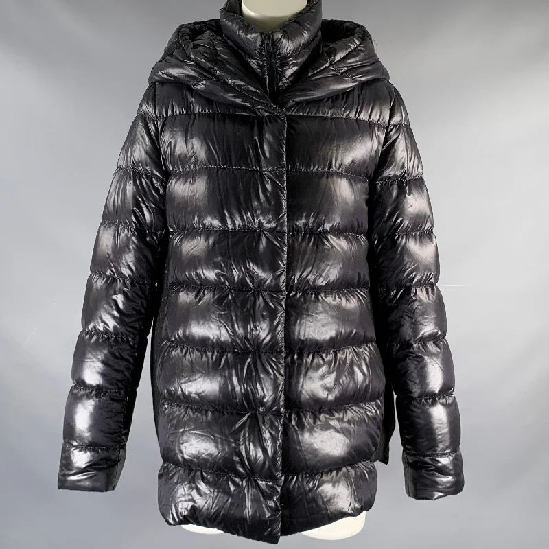 HERNO Size 6 Black Nylon Padded Hooded Jacket Herringbone Jacket Houndstooth Jacket Plaid Jacket