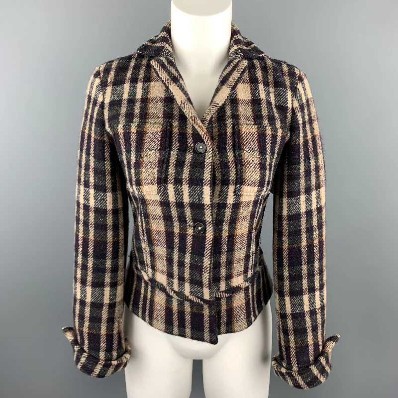 JIL SANDER Size 6 Beige &  Navy Plaid Cropped Jacket Ribbed Jacket Pleated Jacket Ruffled Jacket