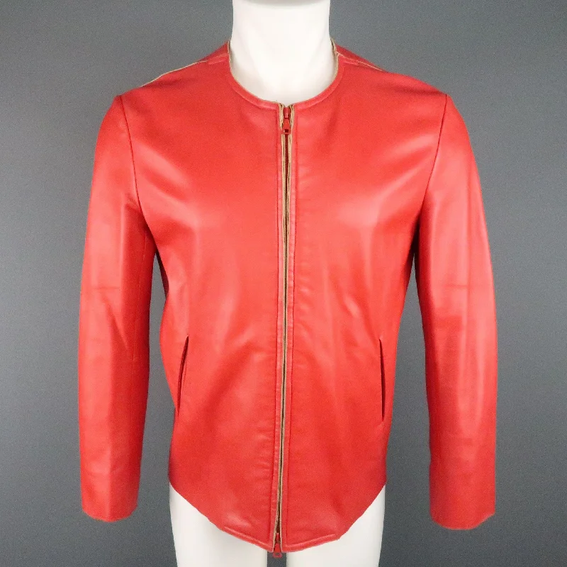 JIL SANDER Size L Red Raw Edge Leather Collarless Zip Jacket Insulated Jacket Fitted Jacket Loose Jacket