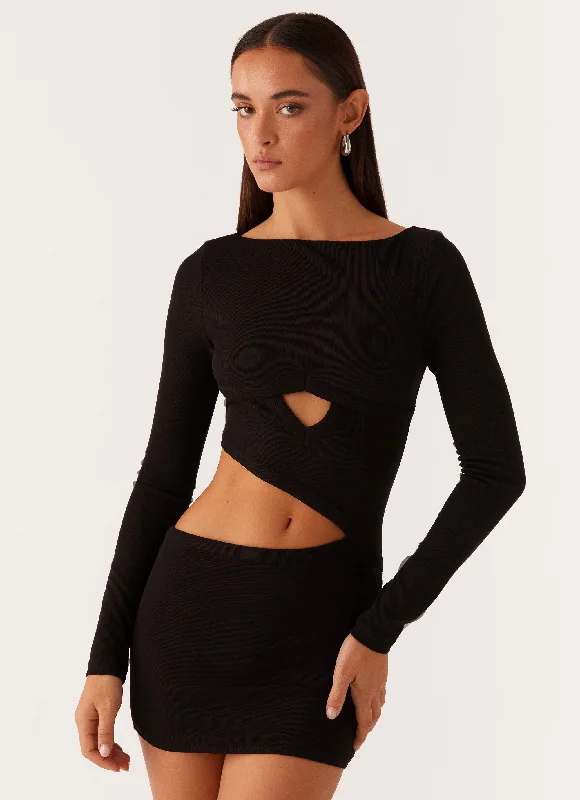 Jocelyn Long Sleeve Mini Dress - Black Cozy Knitted Mini Dress