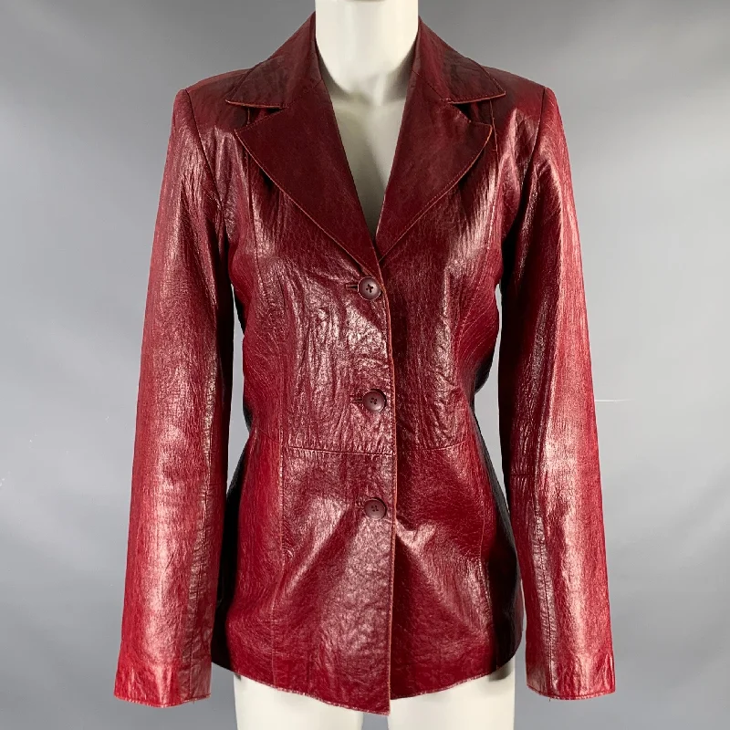 JOHN CARLISLE Size S Red Leather Solid Button Down Jacket Hooded Jacket Caped Jacket Shawl Collar Jacket