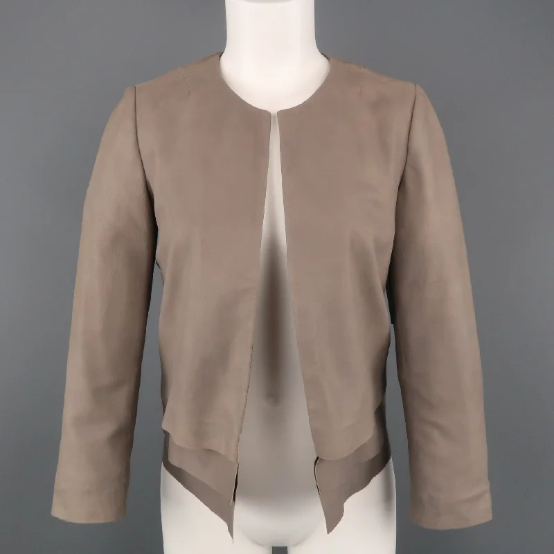 JOIE Size XS Taupe Gray Leather Collarless Open Jacket Satin Jacket Silk Jacket Chiffon Jacket