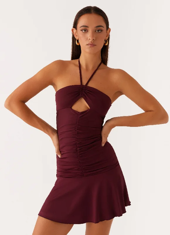 Katrina Halterneck Mini Dress - Deep Maroon Stylish Summer Mini Dress