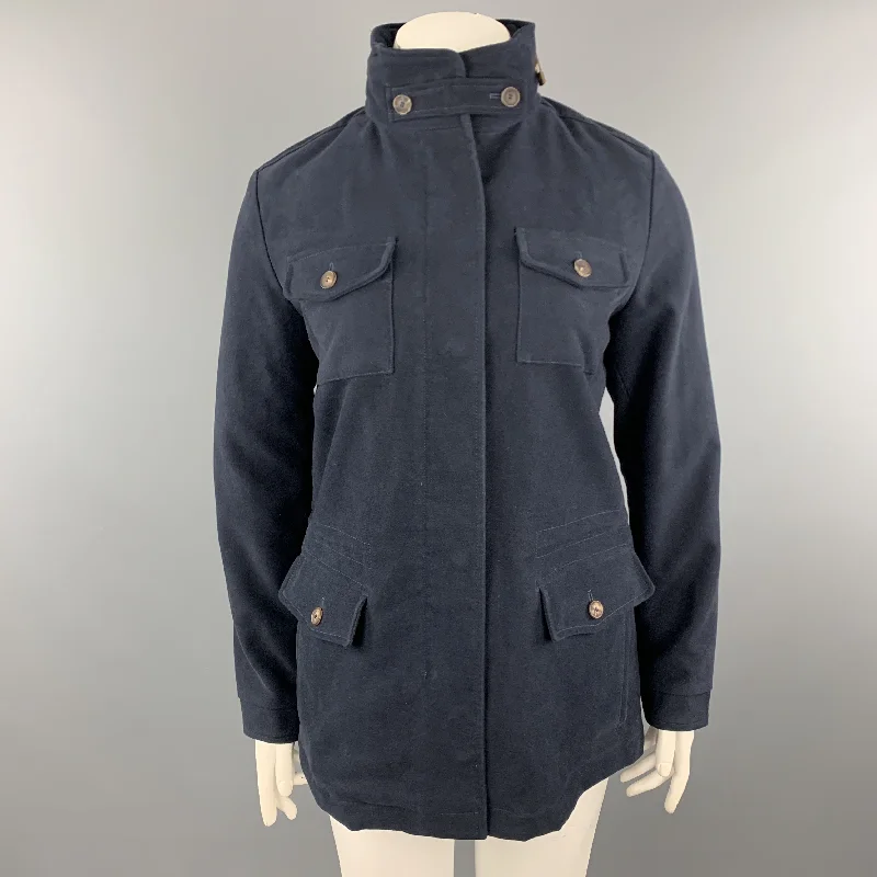 LORO PIANA Size 10 Navy Cotton High Collar Zip Hood Jacket Denim Fabric Leather Fabric Suede Fabric