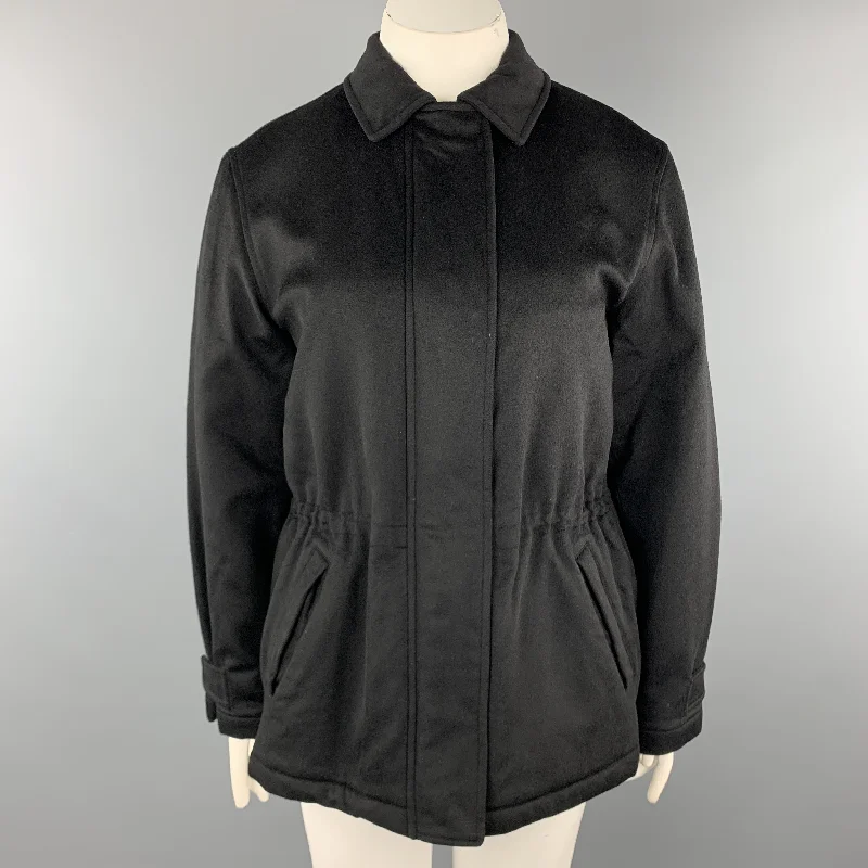 LORO PIANA Size 12 Black Cashmere STORM SYSTEM Drawstring Jacket Satin Jacket Silk Jacket Chiffon Jacket