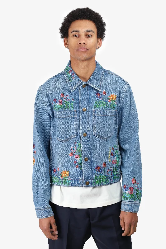 Louis Vuitton Blue Floral Embroidered Denim Jacket Size 46 Mens Embroidered Jacket Appliqued Jacket Beaded Jacket