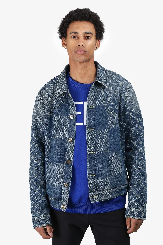 Louis Vuitton x Nigo 2020 Blue Damier Monogram Denim Jacket Size 52 Mens Denim Fabric Leather Fabric Suede Fabric