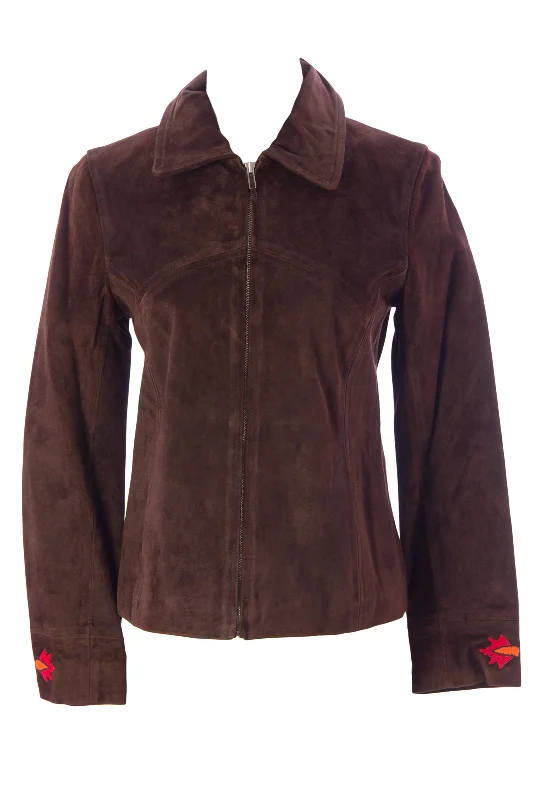 LUCIANO ABITBOUL Women's Brown Floral Detailed Suede Jacket $545 NEW Zippered Front Buttoned Front Snap Front