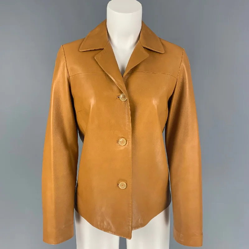 LUCIANO BARBERA Size 4 Mustard Leather Single Breasted Jacket Zippered Jacket Buttoned Jacket Snapped Jacket