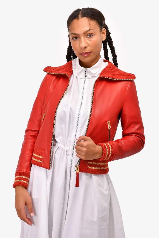 Mackage Brick Red Leather 'Krysta' Jacket with Knit Trim Size S A-Line Jacket Boat Neck Shawl Collar