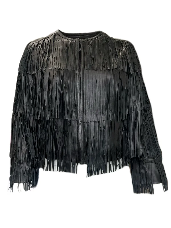 Marina Rinaldi Women's Black Egadi Fringe Leather Jacket NWT Anorak Shell Jacket Lightweight Jacket