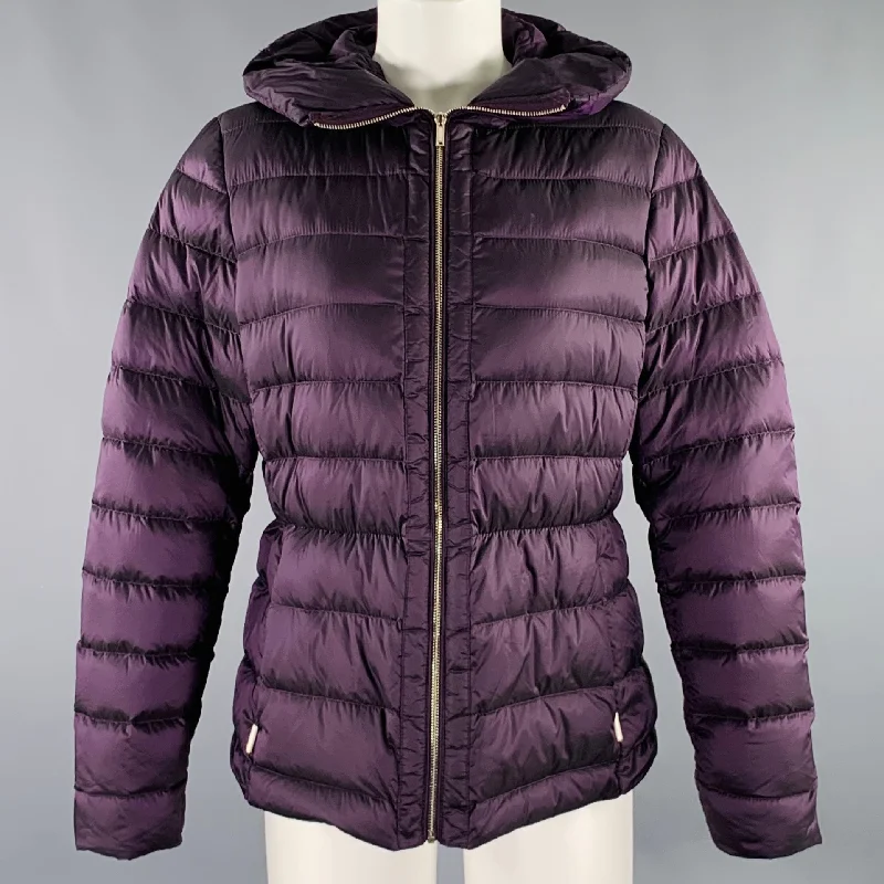 MASSIMO DUTTI Size L Purple Nylon Hooded Padded Jacket Faux Fur Fabric Real Fur Fabric Shearling Fabric