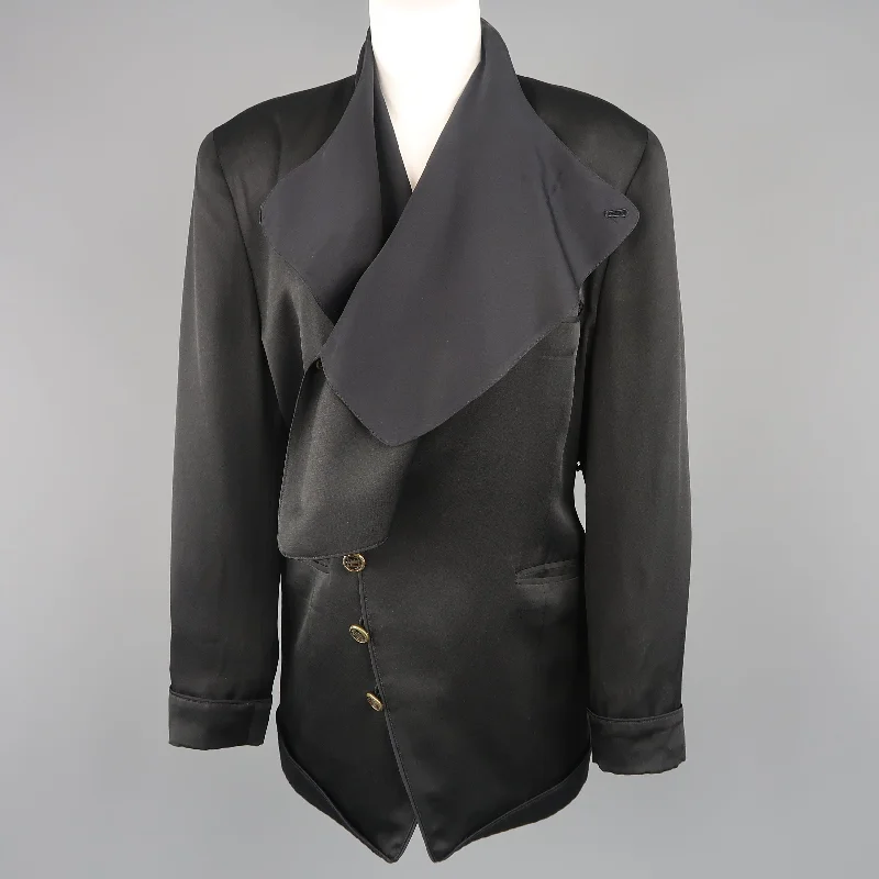 MATSUDA Size M Black Satin Draped Collar Double Breasted Jacket Zip Front Button Front Snap Front