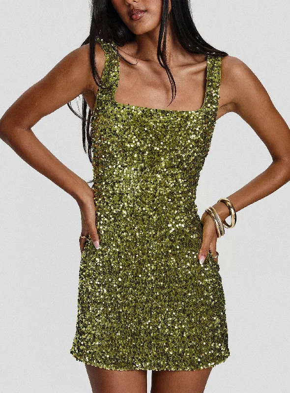 Miss Me Sequin Mini Dress Chartreuse Comfortable Boho Mini Dress