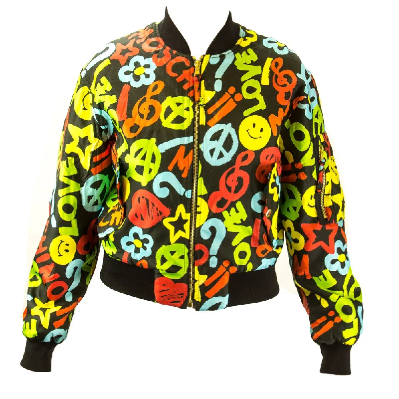 Moschino Couture Bomber Jacket IT 42 Black Multi Fleece Jacket Down Jacket Parka