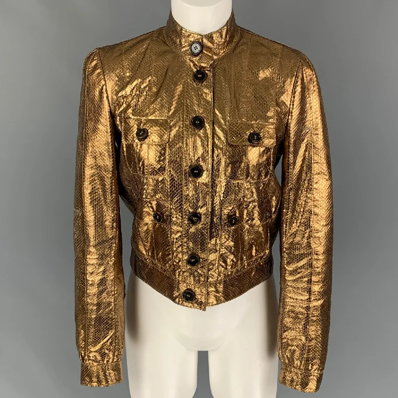 MULBERRY Size 8 Gold Leather Metallic Buttoned Jacket Belted Jacket Elasticated Jacket Padded Jacket