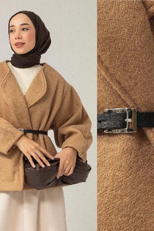 Oversized Belted Cashmere Jacket Stand-Up Collar Roll-Neck Collar Turtle Neck