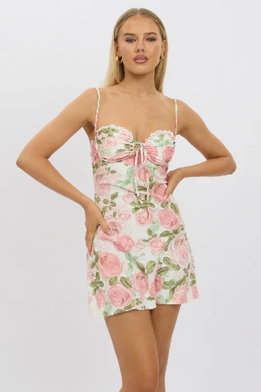 Pink Floral Mini Dress Strappy Comfortable Wrap Mini Dress