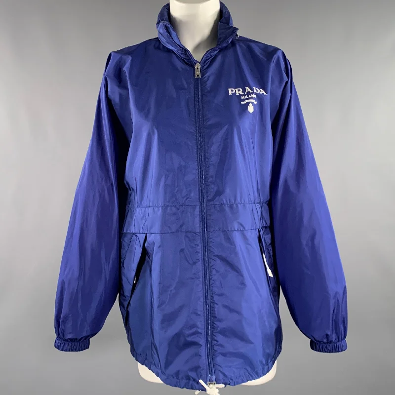 PRADA Size 0 Blue Polyamide Logo Windbreaker Jacket Boat Neck Shawl Collar Notched Collar