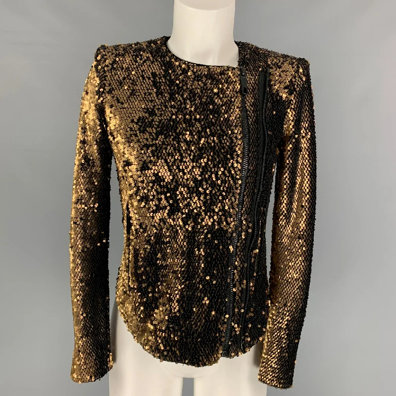 RACHEL ZOE Size XS Copper Polyester Spandex Sequined Jacket Ribbed Jacket Pleated Jacket Ruffled Jacket