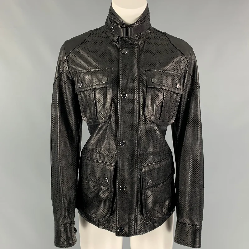 RALPH LAUREN Black Label Size 2 Black Leather Perforated Lambskin Jacket Zip Front Button Front Snap Front