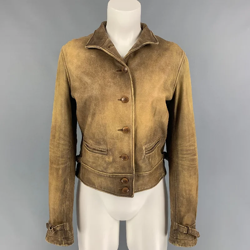 RALPH LAUREN Size M Tan Leather Distressed Cropped Jacket V-Neck Jacket Boat Neck Jacket Square Neck Jacket