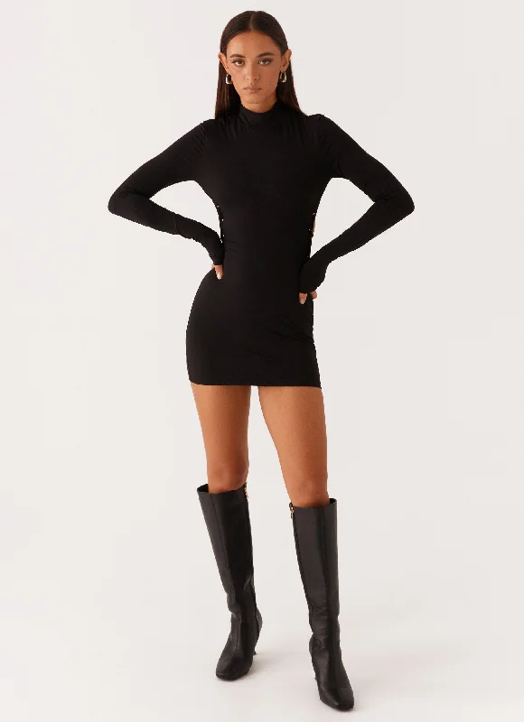 Raven Long Sleeve Mini Dress - Black Comfortable Off-Shoulder Mini Dress