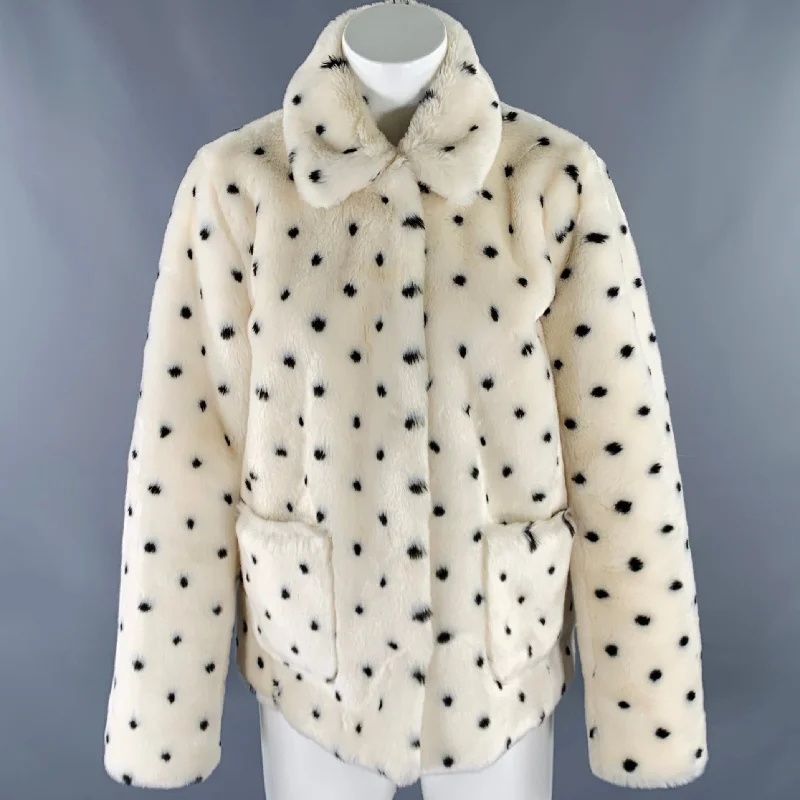 REBECCA TAYLOR Size S White Black Acrylic Dots Faux Fur Snaps Jacket Striped Jacket Polka Dot Jacket Floral Jacket