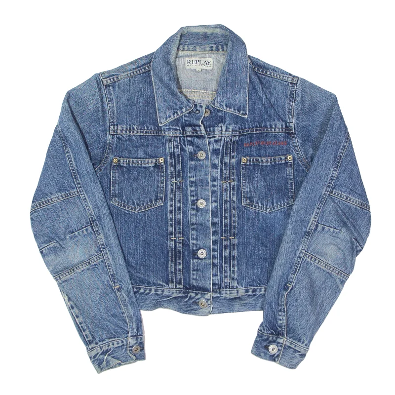 REPLAY Cropped Y2K Denim Jacket Blue 90s Womens S Embroidered Jacket Appliqued Jacket Beaded Jacket