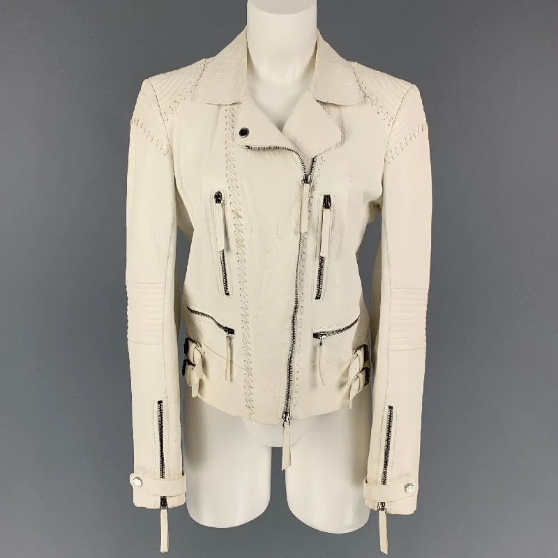 ROBERTO CAVALLI Size 10 White Leather Embossed Motorcycle Jacket Front Pockets Side Pockets Patch Pockets