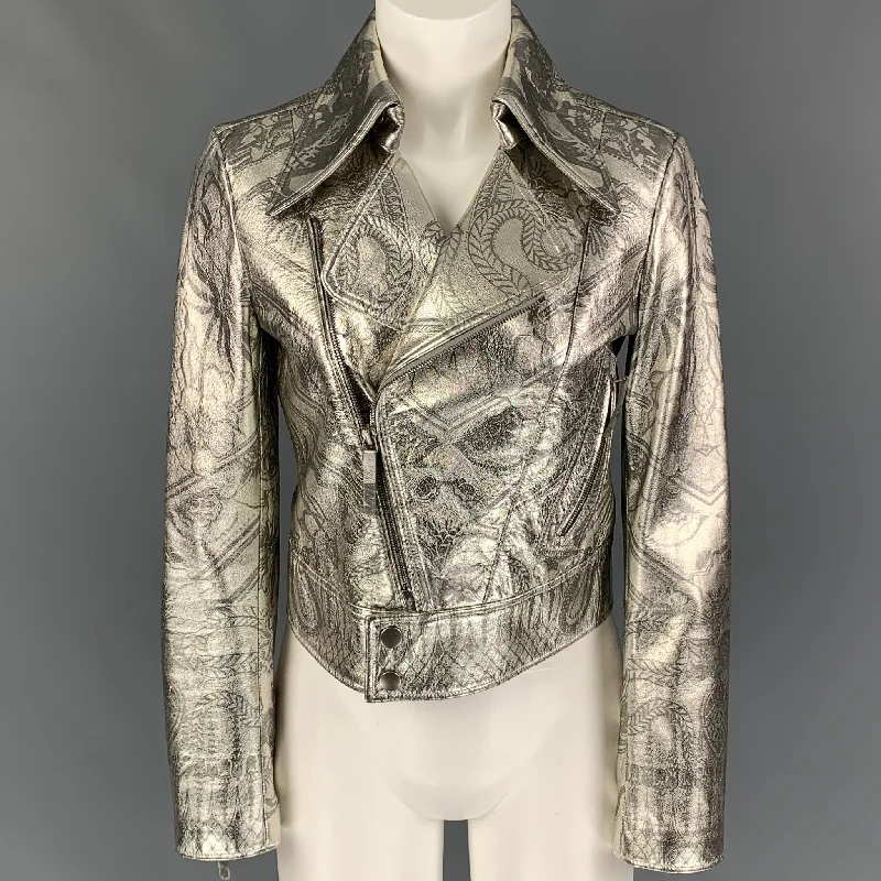 ROBERTO CAVALLI Size 4 Silver Print Leather Metallic Cropped Biker Jacket Fleece Jacket Down Jacket Feather Jacket