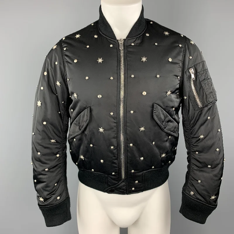 SANDRO Size XS Black Silver Tone Star Studded Nylon Bomber Flight Jacket V-Neck Jacket Boat Neck Jacket Square Neck Jacket