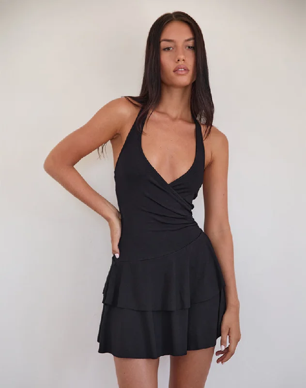 Semary Plunge Wrap Mini Dress in Black Cozy Satin Mini Dress