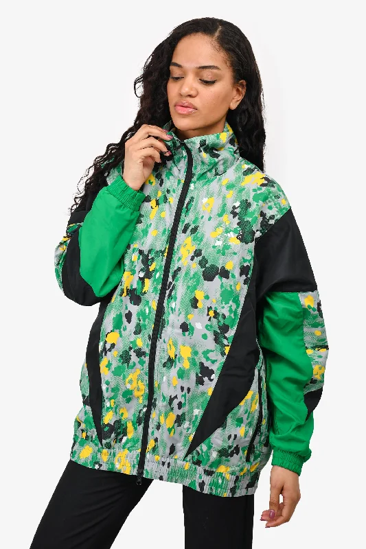 Stella McCartney x Adidas Green/Yellow Printed Nylon Oversized Zip-Up Jacket Size S Welt Pockets Slit Pockets Flap Pockets