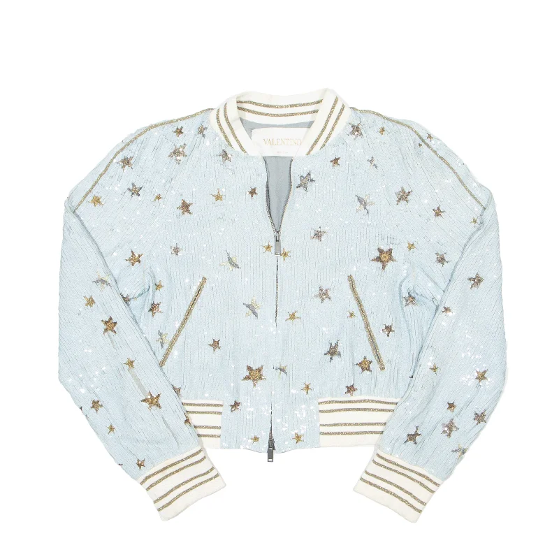 VALENTINO Star Studded Sequin Bomber Jacket Blue Viscose Womens S Satin Fabric Silk Fabric Chiffon Fabric