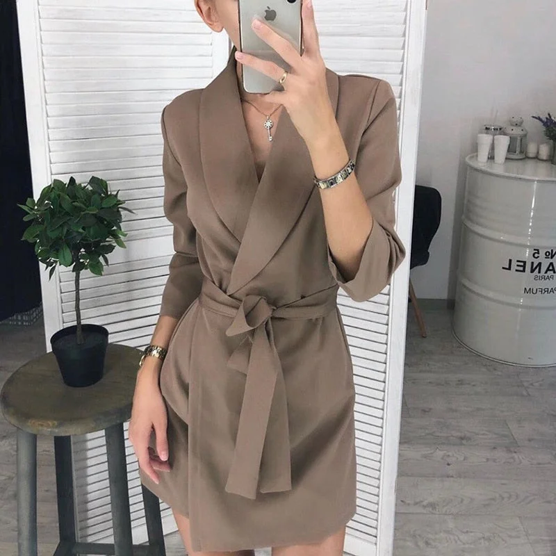 Women Casual Sashes A-line Mini Dress Office Ladies Turn-down Collar Dresses 2019 Autumn Winter New Fashion Elegant Party Dress Casual High-Waist Mini Dress