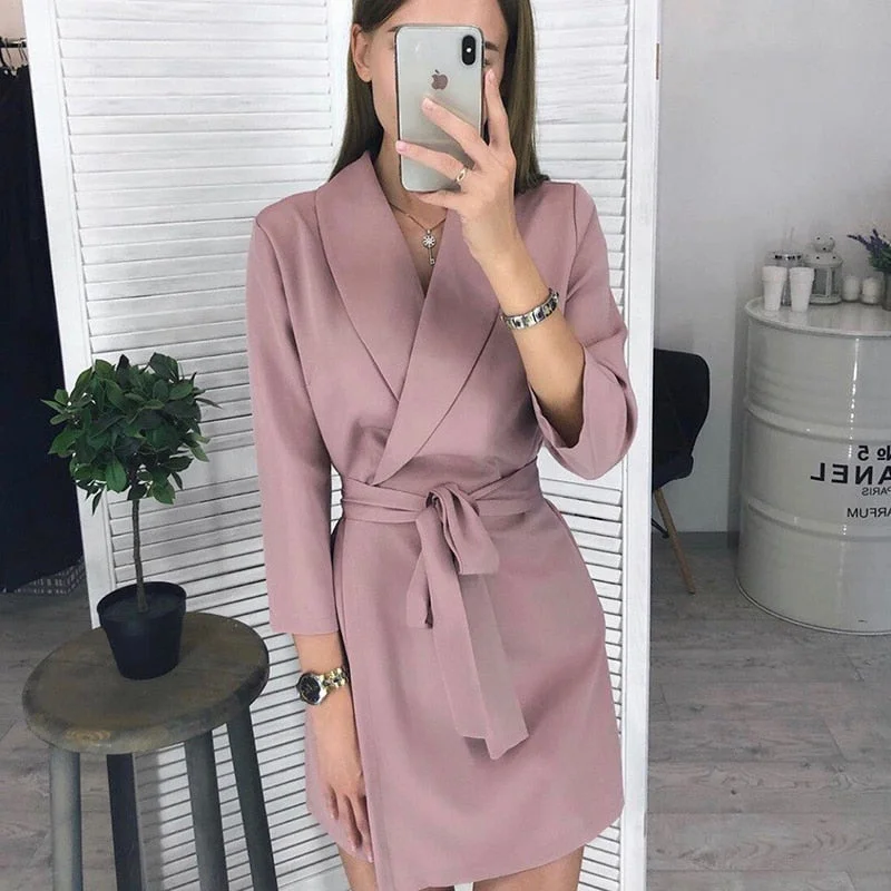 Women Vintage Sashes A-line Party Mini Dress Long Sleeve Notched Collar Solid Casual Elegant Dress 2020 Autumn New Fashion Dress Casual V-Neck Mini Dress