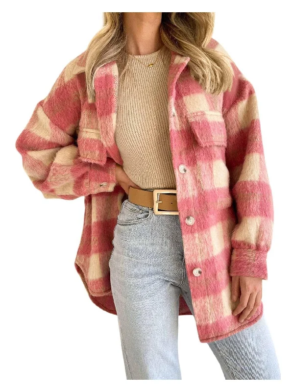 Woolen Oversized Plaid Shirt Jacket Insulated Jacket Fitted Jacket Loose Jacket