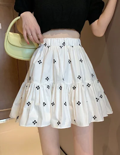 cute summer female print white black retro pleated mini skirt tiered skirt playful