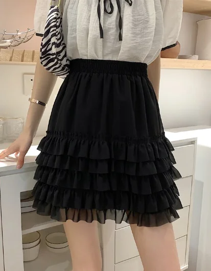 fashion black female print high waist skirt white black retro pleated mini skirt chiffon skirt flowing