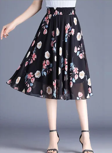 fashion printed chiffon Joker black floral A-line skirt vintage skirt charm