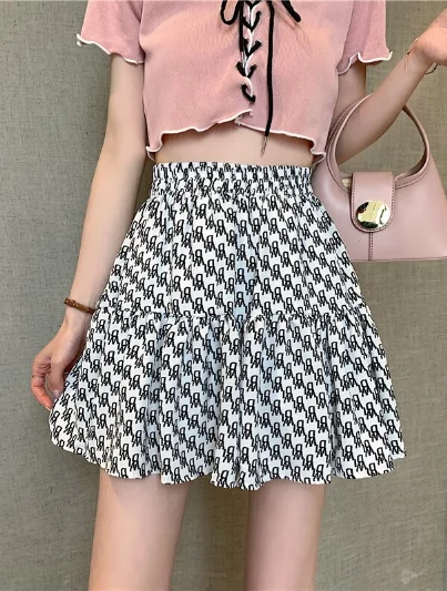 fashion summer female print high waist skirt white black retro pleated mini skirt ribbed skirt waist