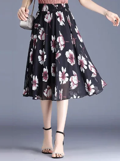 printed chiffon Joker black floral waist A-line skirt velvet skirt glossy