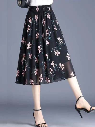 printed fashion chiffon Joker black floral waist A-line skirt floral skirt print