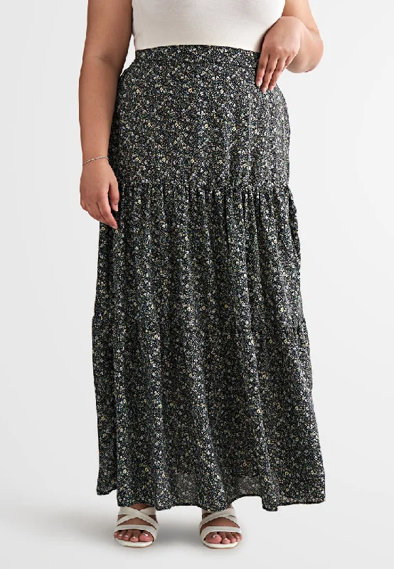 Sandria Long Tiered Skirt - Black Floral silk skirt sleek