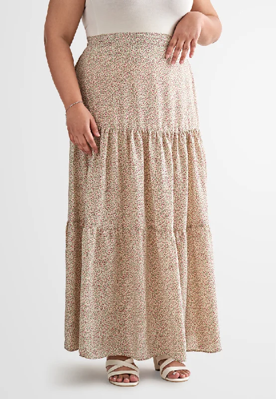 Sandria Long Tiered Skirt - Beige Floral denim skirt trendy