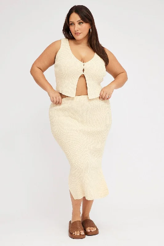 Beige Textured Knit Midi Skirt lace skirt delicate