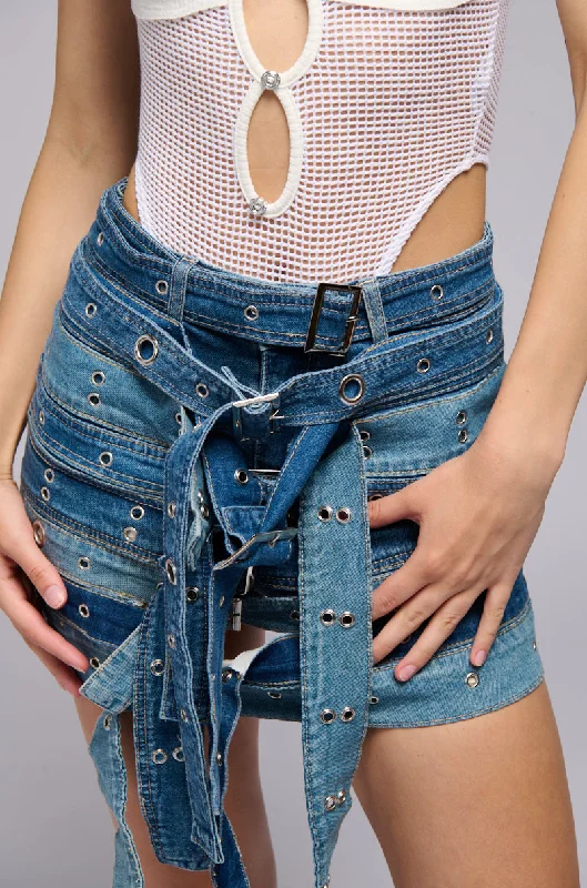 BELTED MULTI DENIM MINI SKORT linen skirt breathable