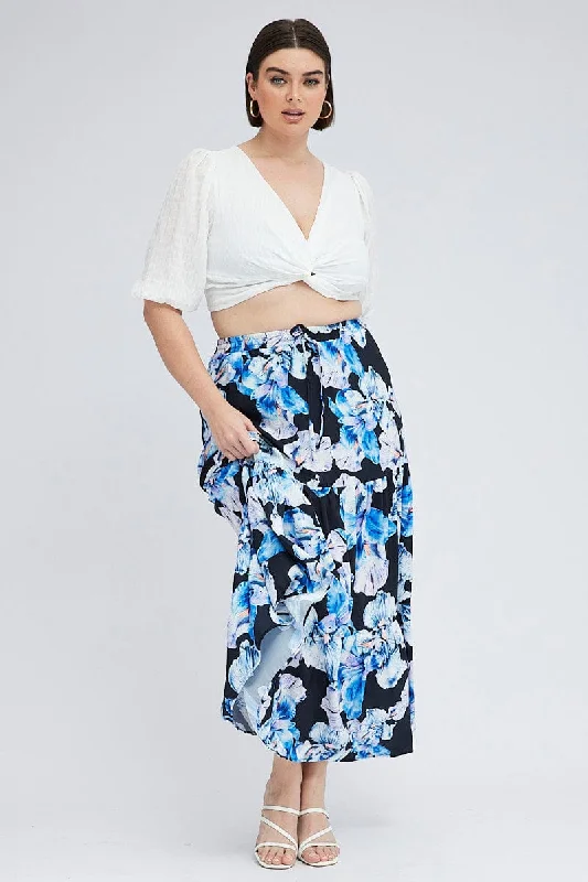 Black Floral Elastic Waist Maxi Skirt lace skirt feminine